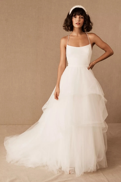 Princess A-Line Scoop Neck White Tulle Wedding Dresses