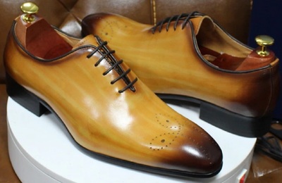 Oxford Tan Patina Wholecut Brogue Handmade Leather Lace Up Formal Shoes