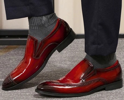 Men Slip On Burgundy Patent Elastic Gores Handmade Leather Moccasin Formal Shoes