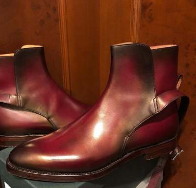 New Handmade Leather Burgundy Stylish Ankle Strap Boot for Men's