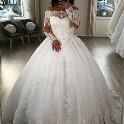 Princess ball gown off the shoulder lace wedding dresses,long sleeves bride gowns - Thumbnail 4