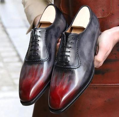 New Pure Handmade Leather Red & Gray Shaded Lace up Dress Shoes for Men's