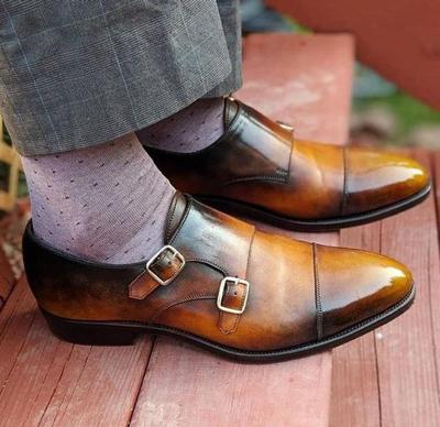 Pure Handmade Leather Tan & Brown Shaded Monk Strap Shoes for Men's