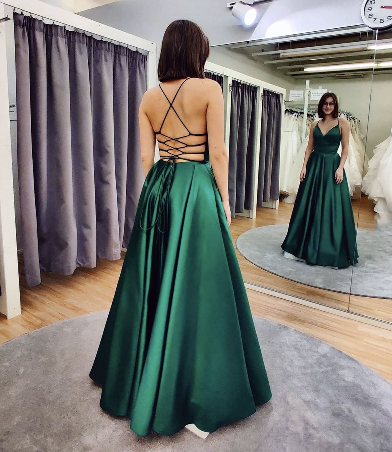 Green satin long A line prom dress evening dress