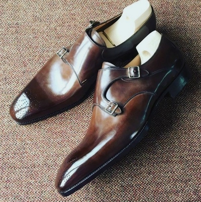 Two Tone Double Monk Brogue Leather Shoes