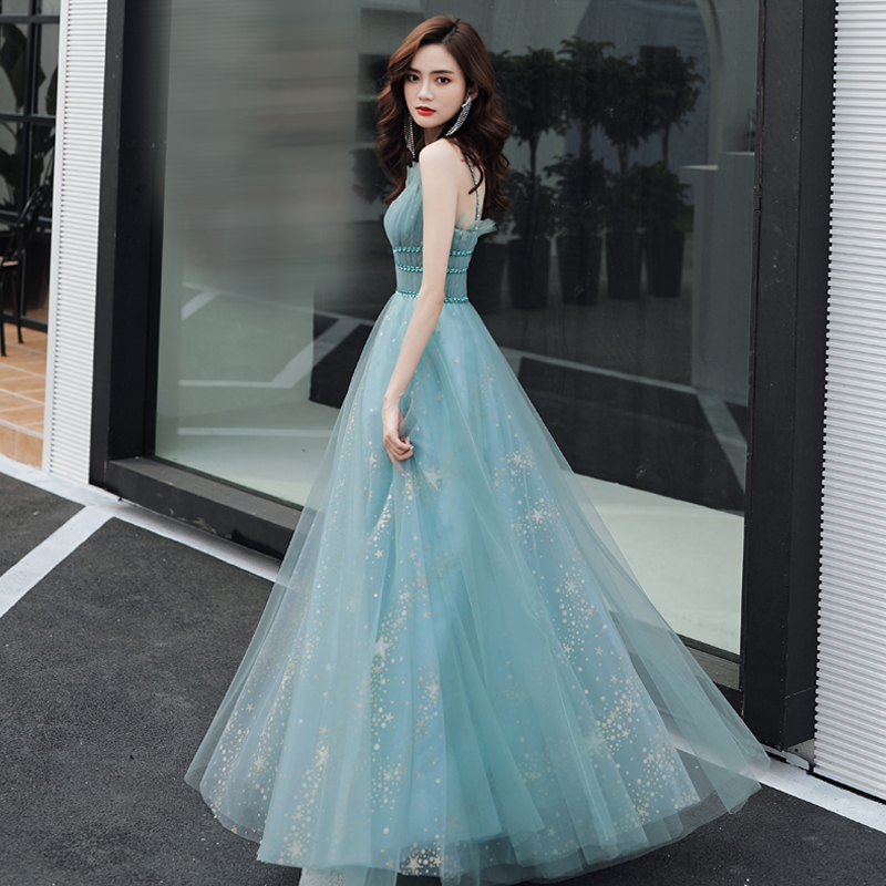 Blue tulle long A line prom dress blue evening dress