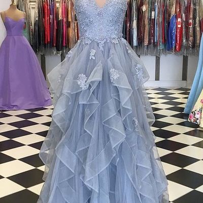 Cute a line v neck straps gray blue ruffled tulle prom dresses with appliques - Thumbnail 2