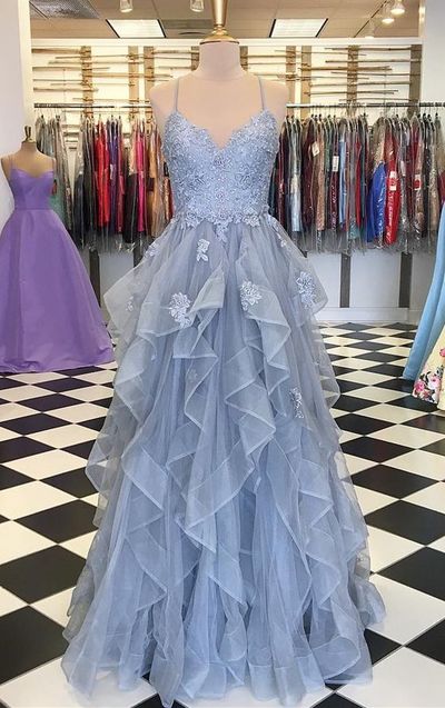 Cute A Line V Neck Straps Gray Blue Ruffled Tulle Prom Dresses with Appliques