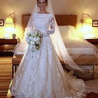 Elegant Boat Neck Long Sleeves White Lace Wedding Dress - Thumbnail 1