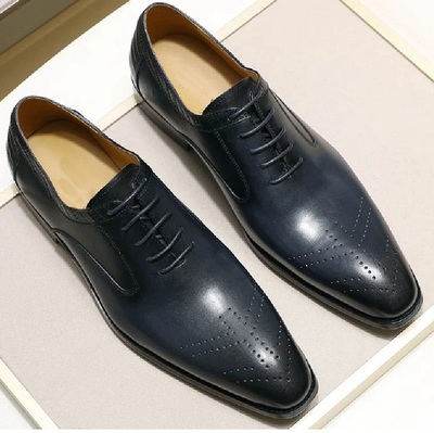Oxford Navy Blue Brogue Pointed Toe Real Leather Handmade Lace Up Formal Shoes