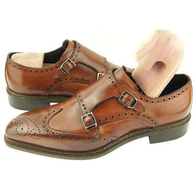 Elegant Customize Brown Full Brogue Real Leather Monk Strap Wingtip Formal Shoes