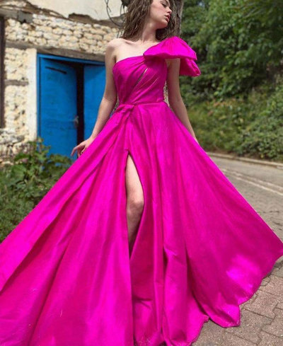 Fuchsia One Shoulder Bridesmaid Dresses Slit Side