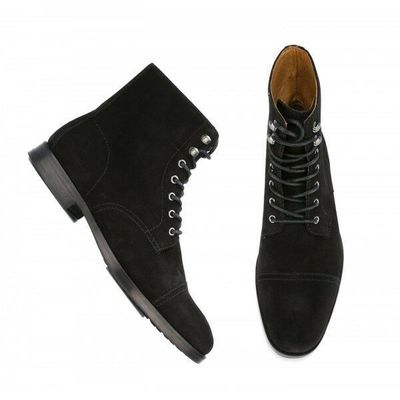 Men's Black High Ankle Rounded Cap Toe Real Suede Leather Lace Up Boots