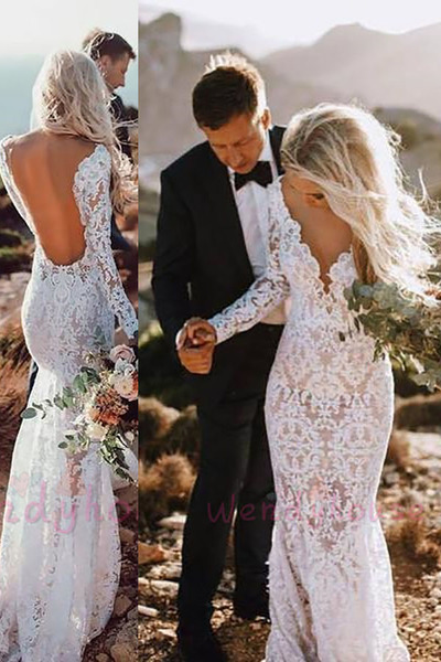 Sexy Backless Ivory Lace Mermaid Wedding Dress with Long Sleeves,115