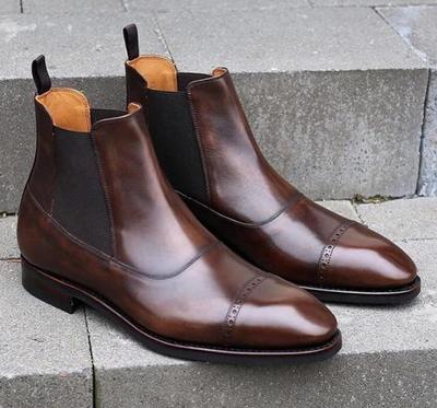 New Handmade Pure Dark Brown Leather Chelsea Ankle Boots for Men's