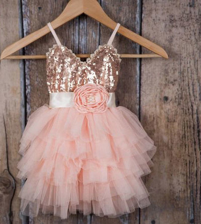 Pink Flower Girl Dresses Straps Neck with Handmade Flower