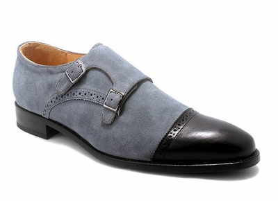 Two Tone Gray Suede Black Monk Double Buckle Strap Cap Toe Leather Shoes