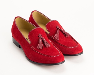 Red Tassel Loafer Slip On Shoes Suede Premium Leather Rounded Apron Toe Men's