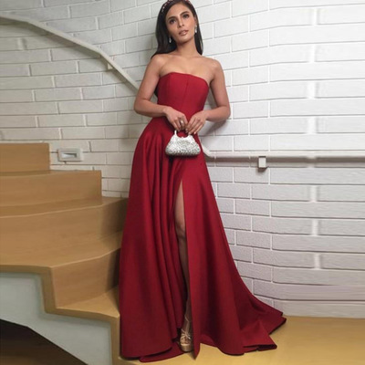 Charming A Line Strapless Dark Red Satin Prom Dresses with Split