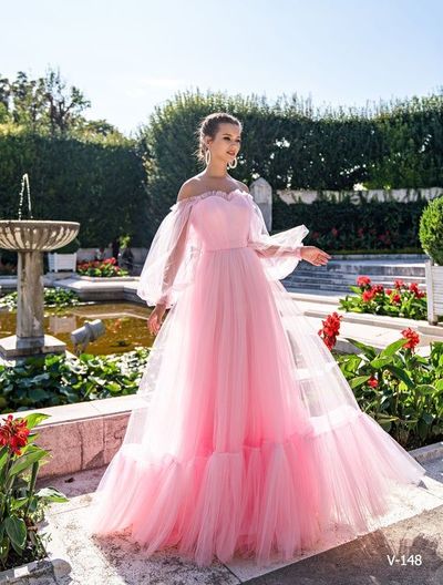 Charming A-Line Off the Shoulder Long Sleeve Tulle Long Formal Prom Dresses