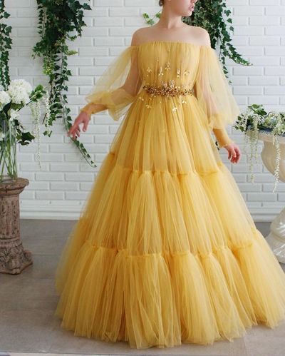 A-Line Off the Shouder Tulle Long Prom Dress,Long Sleeve Evening Dress,Formal Party Dress with Appliques
