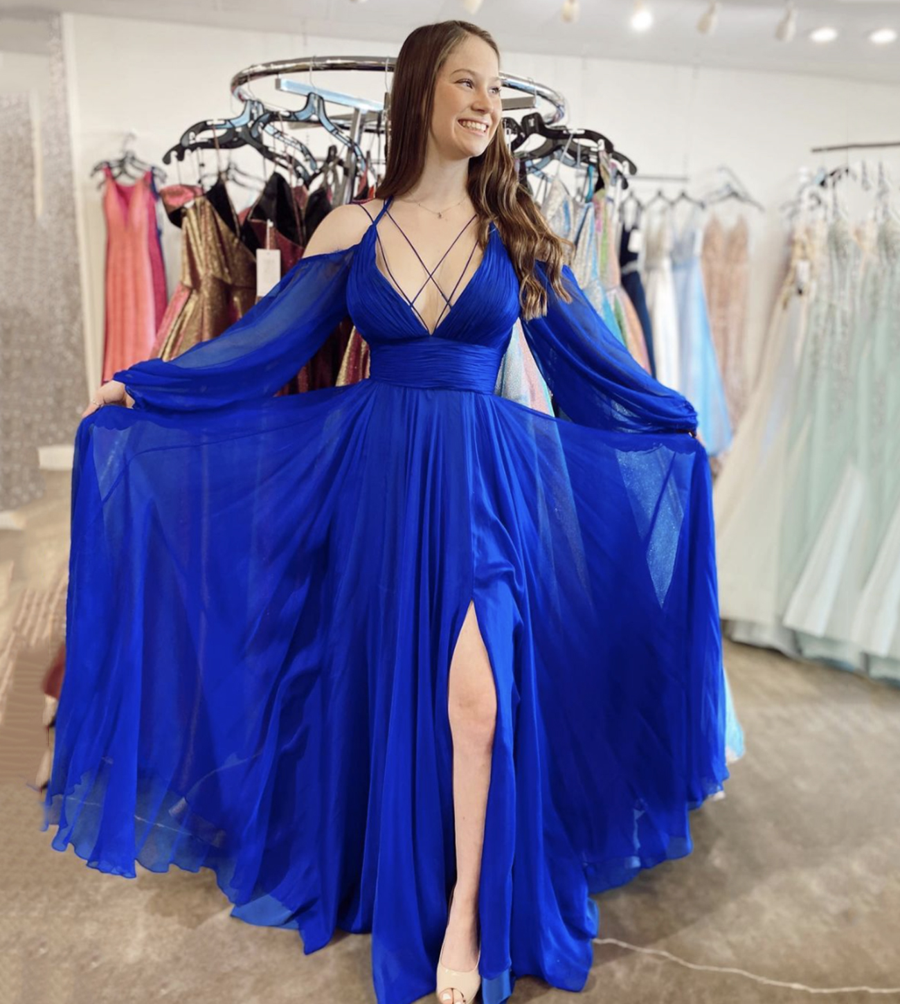 Blue chiffon long A line prom dress evening dress