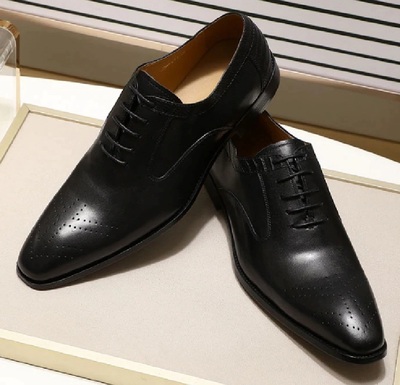 Handmade Oxford Lace Up Black Brogue Pointed Toe Genuine Leather Formal Shoes