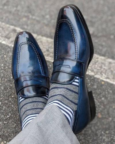 New Handmade Men's Leather New Blue Two Tone Classic Penny Loafers Custom Shoes