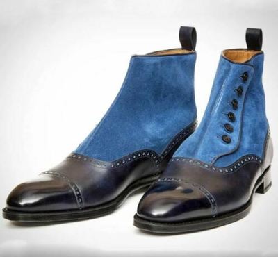 Handmade Mens Two Tone Ankle Button Boots, Men Black and Blue Dress Boot