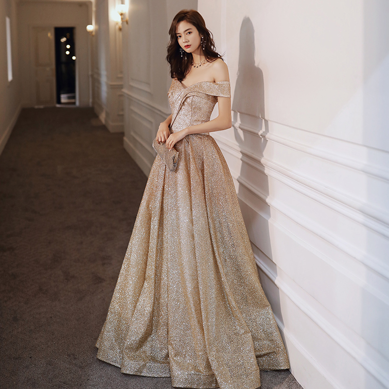 Gold sequins long A line prom dress evening dress