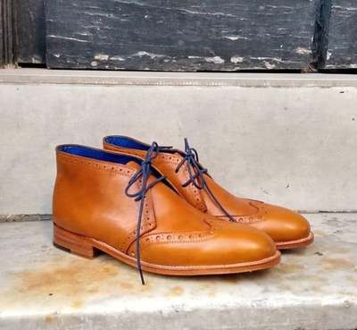 New Handmade Tan Leather Brogue Lace Up Chukka Boots for Men's