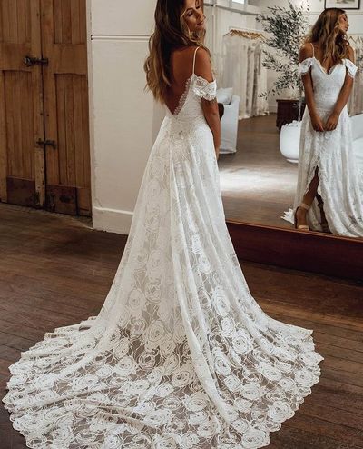 Bohemian A Line Off the Shoulder Slit Lace Wedding Dress, Beach Bridal Dresses
