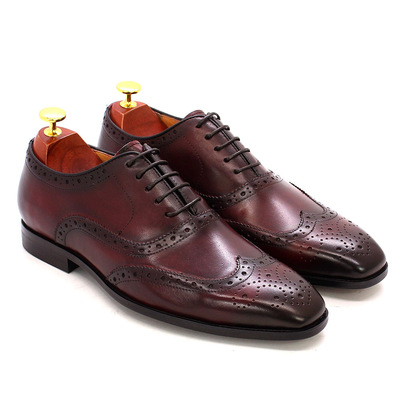 Handmade Wine Red Oxford Patina Brogue Wingtip Leather Laces Patent Formal Shoes