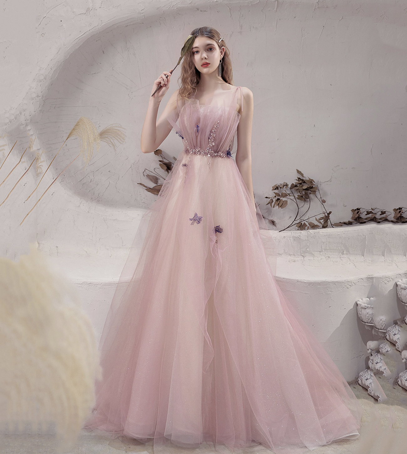Pink tulle long A line prom dress evening dress