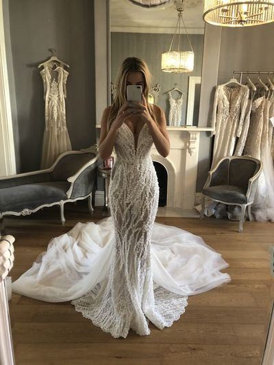 Mermaid V Neck White Wedding Dress,Beaded Lace Bride Dresses with Train