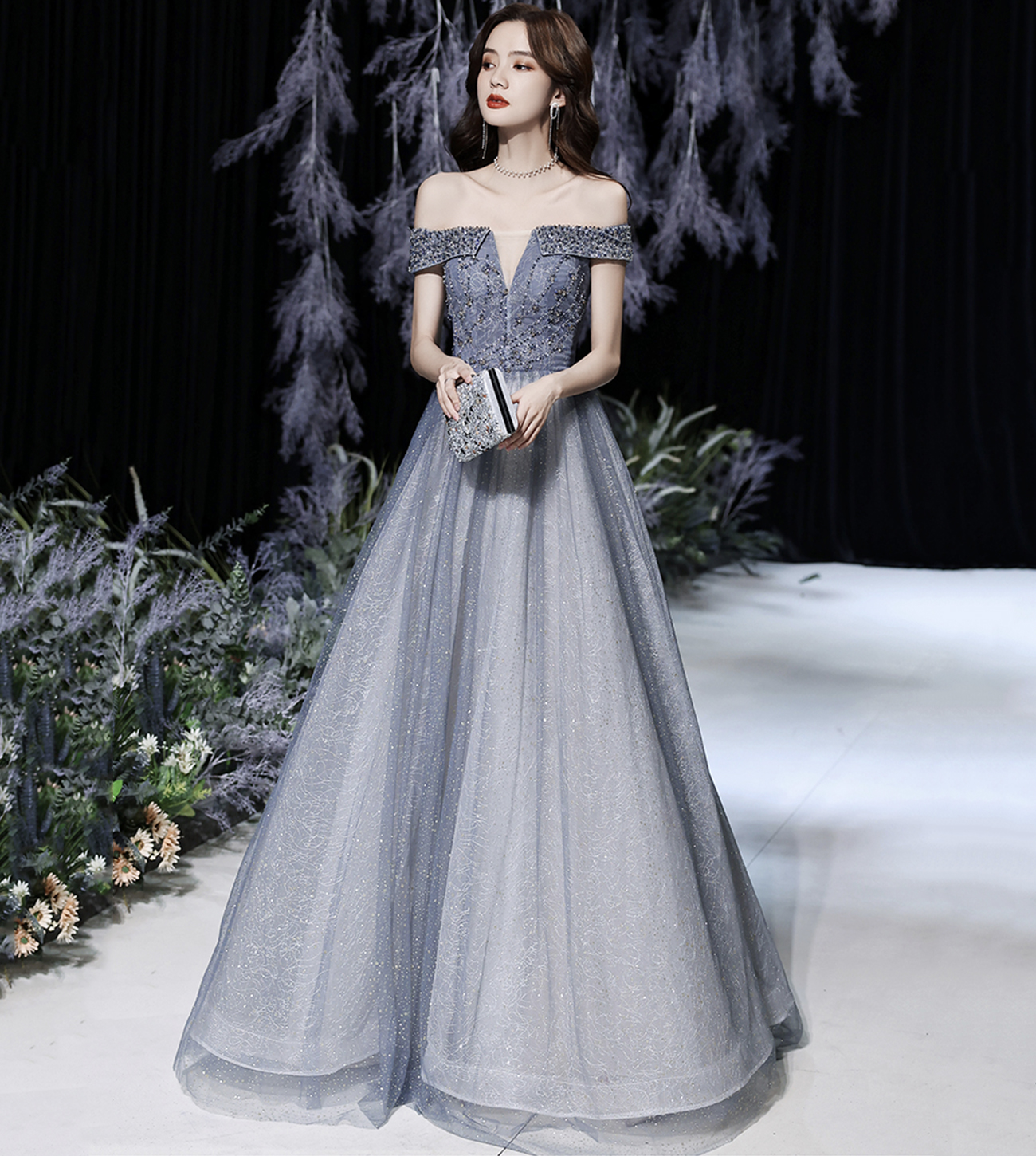 Grey tulle beads long prom dress shiny evening dress