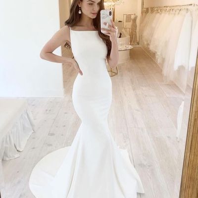 Elegant mermaid square neck white satin wedding dresses - Thumbnail 1