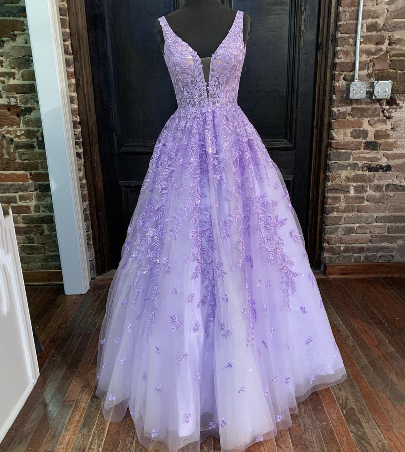 Purple lace long A line prom dress evening dress