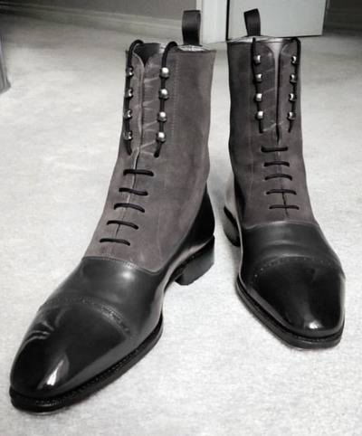 High Ankle Pointed Cap Toe Gray Black Handmade Genuine Leather Stylish Boots