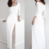 Simple Mermaid Square Neck White Satin Wedding Dress with Split - Thumbnail 1