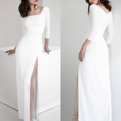 Simple mermaid square neck white satin wedding dress with split - Thumbnail 2