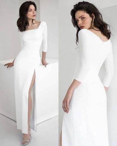 Simple Mermaid Square Neck White Satin Wedding Dress with Split