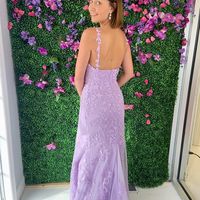 Mermaid V Neck Spaghetti Straps Lavender Lace Prom Dresses with Split - Thumbnail 1