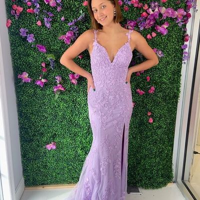 Mermaid v neck spaghetti straps lavender lace prom dresses with split - Thumbnail 3