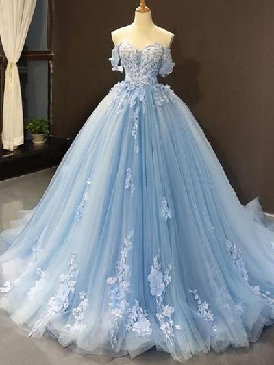 SP1478,Blue Ball Gown Delicate Florals Prom Gown Long Tulle Prom Dress with Chapel Train