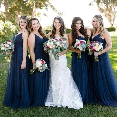 Charming A Line V Neck Spaghetti Straps Navy Blue Tulle Bridesmaid Dresses Under 100