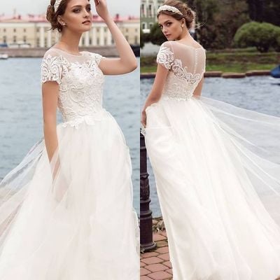 Elegant a-line short sleeves tulle lace wedding dress - Thumbnail 3