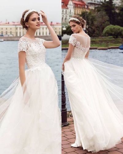 Elegant A-Line Short Sleeves Tulle Lace Wedding Dress