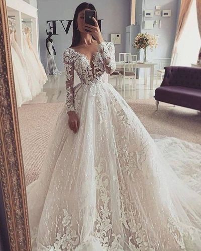 Gorgeous A-Line V Neck Long Sleeves Lace Wedding Dresses