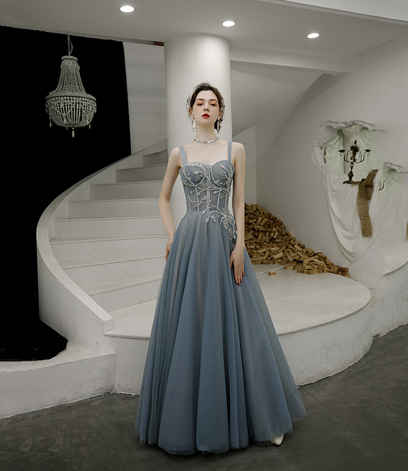 Cute tulle long A line prom dress evening dress